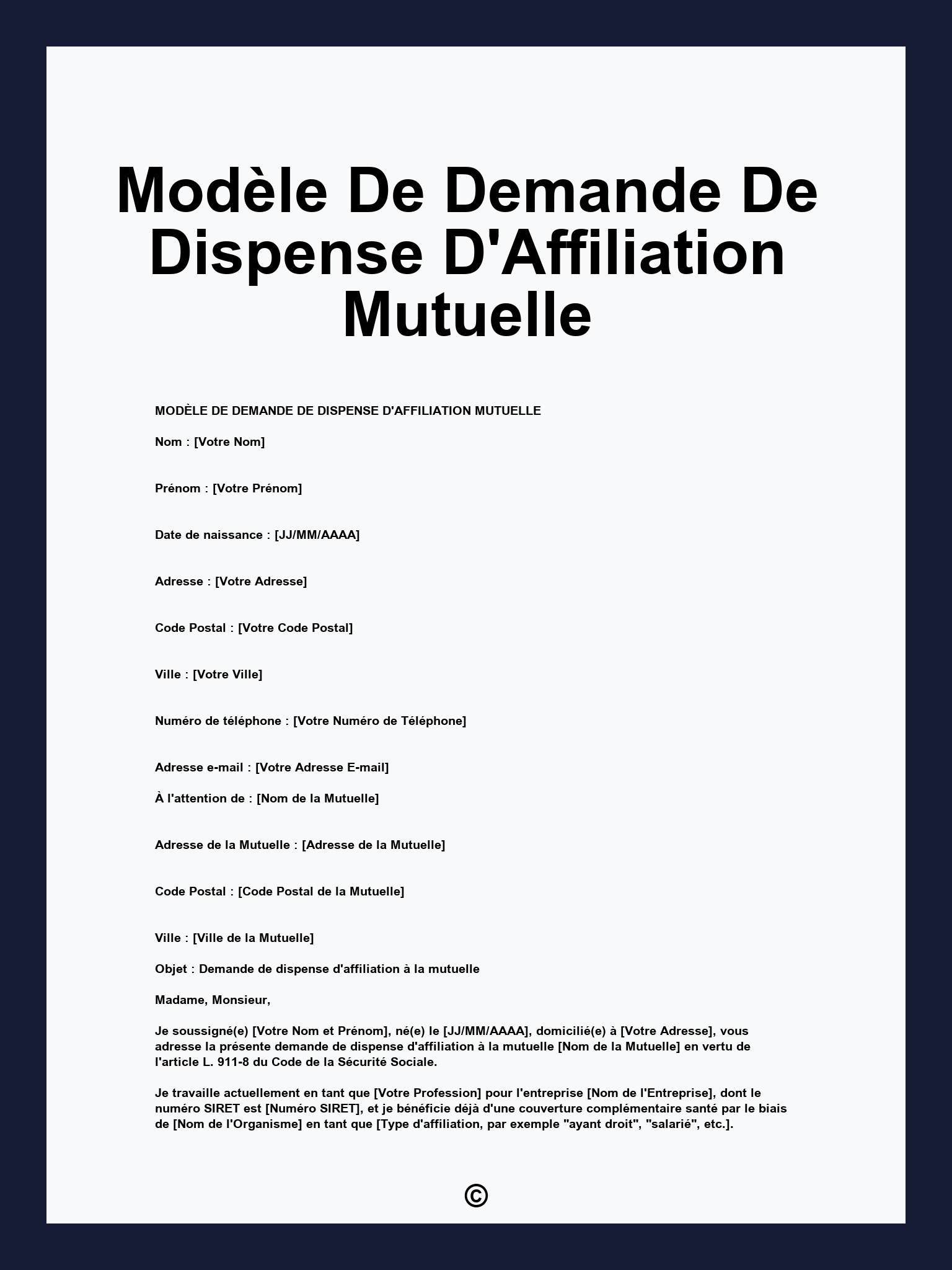 Modèle De Demande De Dispense D'Affiliation Mutuelle