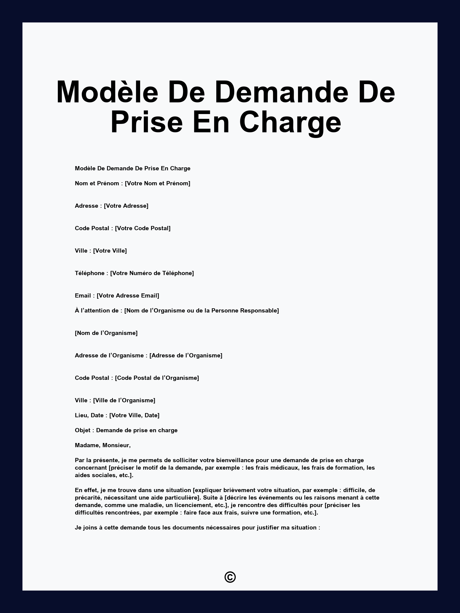 Modèle De Demande De Prise En Charge